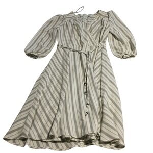 Calvin Klein Striped Midi Dress Belted Long Sleeve Gray Size 6 Women